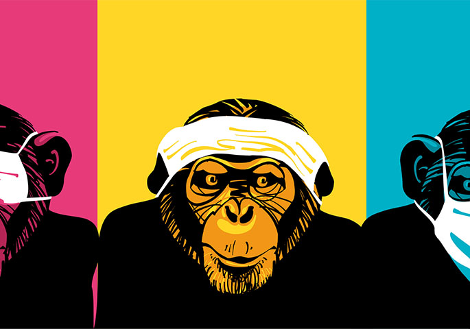 Grafik von den drei weisen Affen mit Coronamaske auf den Augen, über den Ohren und auf dem Mund.