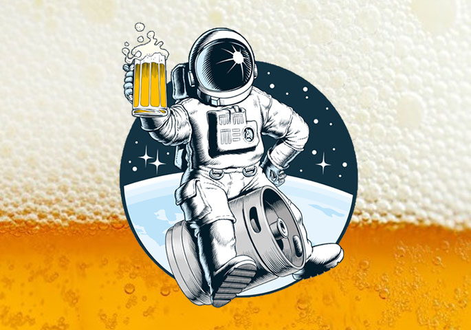 Zeichnung von Astronaut auf Bierfass im Weltraum mit Bier im Hintergrund.