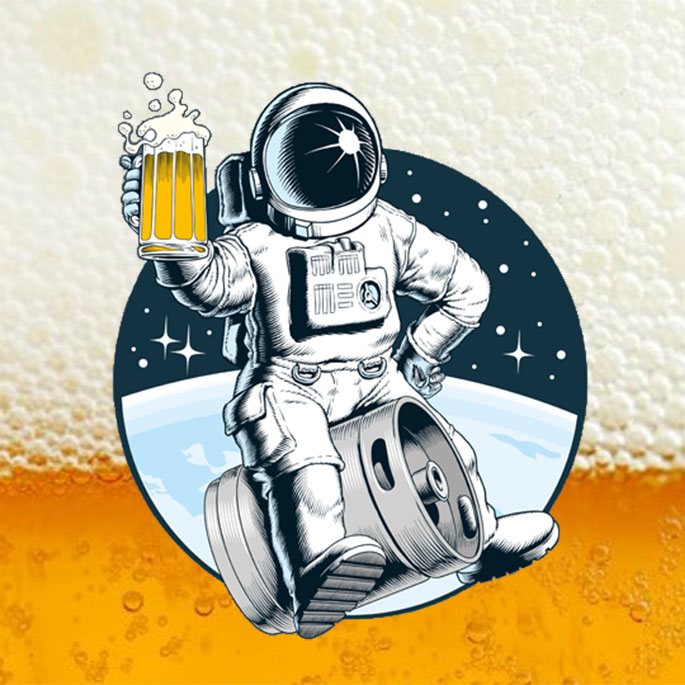 Zeichnung von Astronaut auf Bierfass im Weltraum mit Bier im Hintergrund.