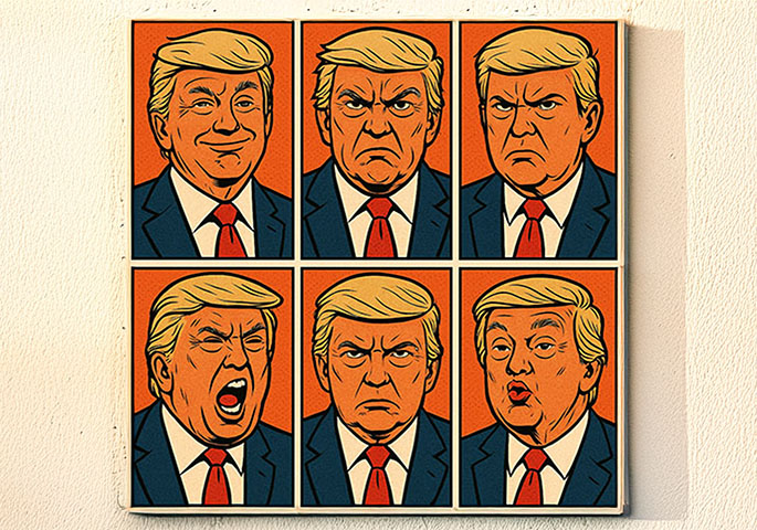 6 Gesichter von Donald Trump im Cartoon-Stil.