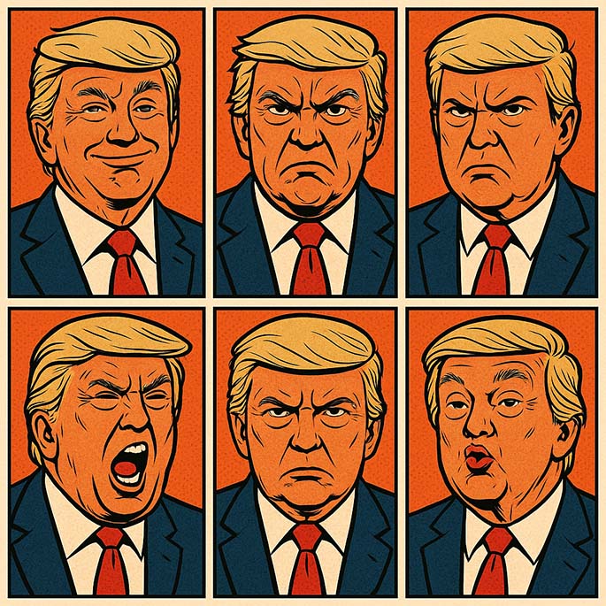 6 Gesichter von Donald Trump im Cartoon-Stil.