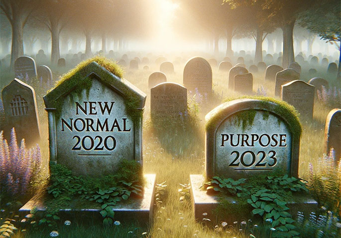 Grabsteine auf dem Friedhof mit Aufschrift "New Normal 2020" und "Purpose 2023".