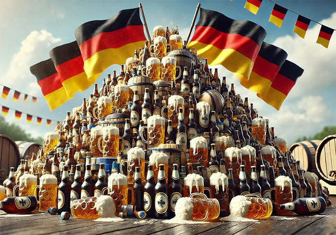 Pyramide aus Bierkrügen und Bierflaschen mit Deutschlandfahnen und Wimpeln.