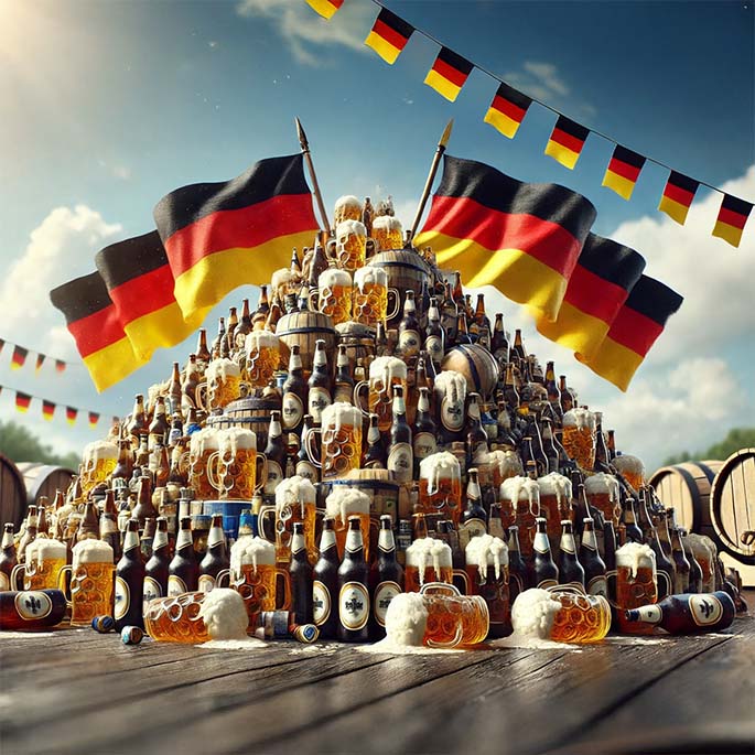 Pyramide aus Bierkrügen und Bierflaschen mit Deutschlandfahnen und Wimpeln.