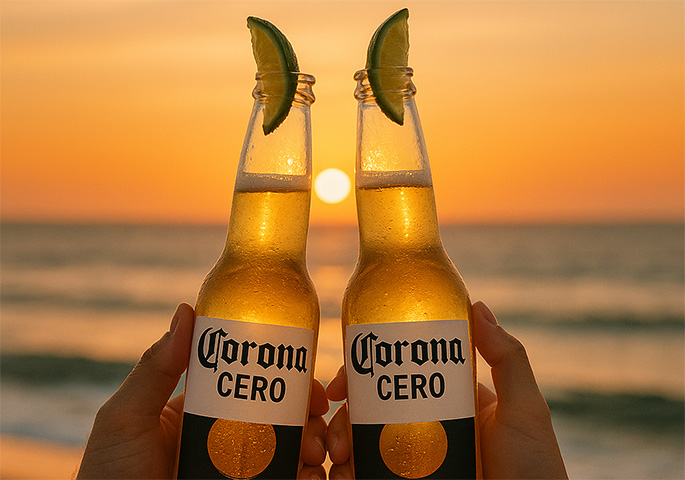 Anstossen mit zwei Flaschen mit der Aufschrift Corona Cero am Strand mit Sonnenuntergang.