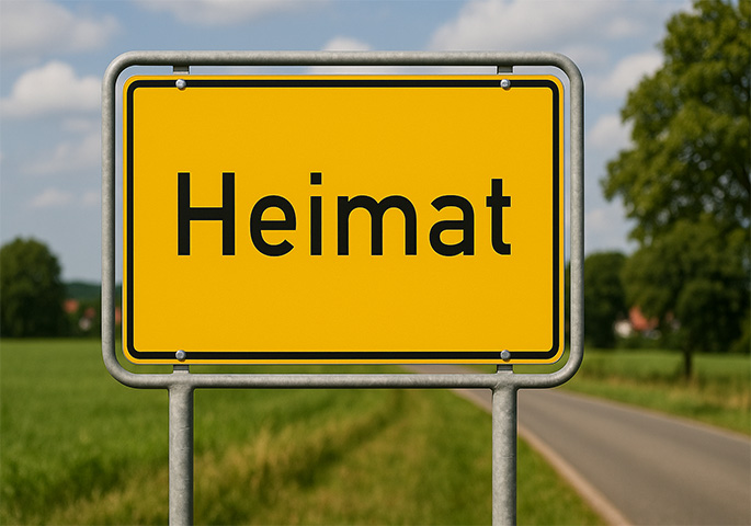 Ortsschild mit der Aufschrift Heimat vor ländlicher Idylle.