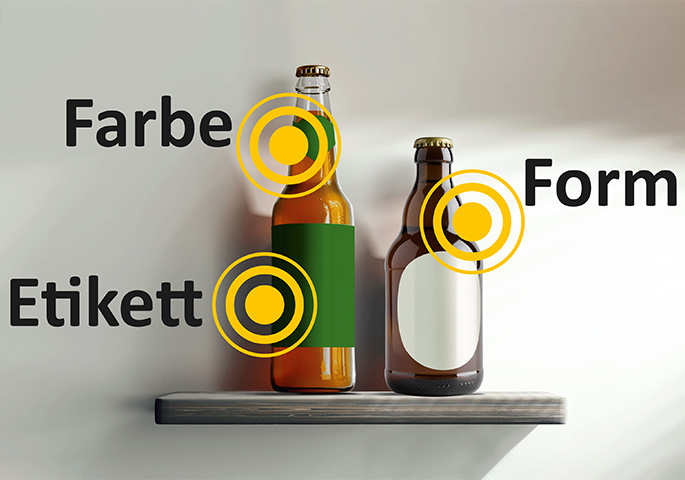 Symbolhafte Bierflaschen mit markierten Punkten und Beschriftungen Farbe, Etikett und Form.