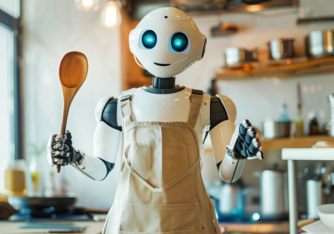 Freundlicher Robotor mit Küchenschürze und Kochlöffel.