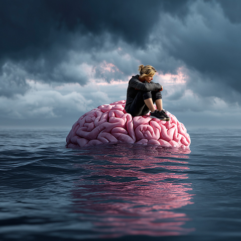Eine Person sitzt nachdenklich auf einem riesigen, im Wasser treibenden Gehirn unter einem dramatischen, bewölkten Himmel, was Kreativität, Introspektion oder mentale Herausforderungen symbolisiert.