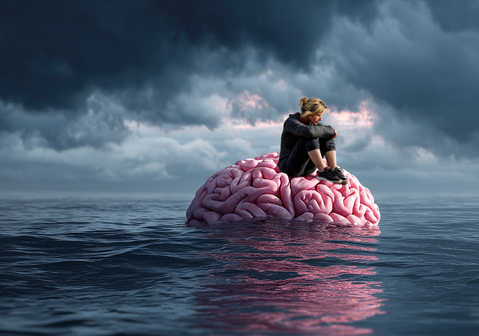 Eine Person sitzt nachdenklich auf einem riesigen, im Wasser treibenden Gehirn unter einem dramatischen, bewölkten Himmel, was Kreativität, Introspektion oder mentale Herausforderungen symbolisiert.