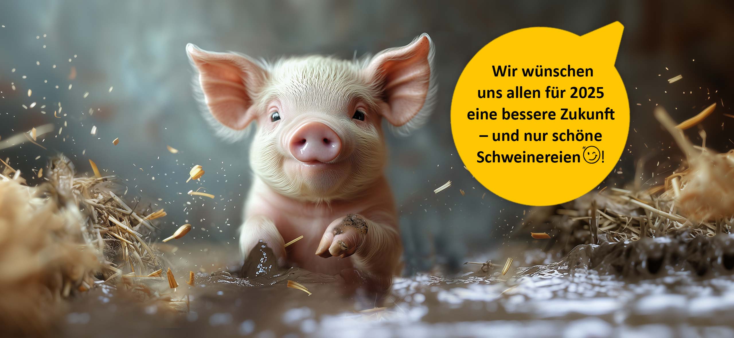 Junges glückliches Ferkel. Button mit Aufschrift "Wir wünschen uns allen für 2025 eine bessere Zukunft – und nur schöne Schweinereien!" mit einem Zwinkersmiley.