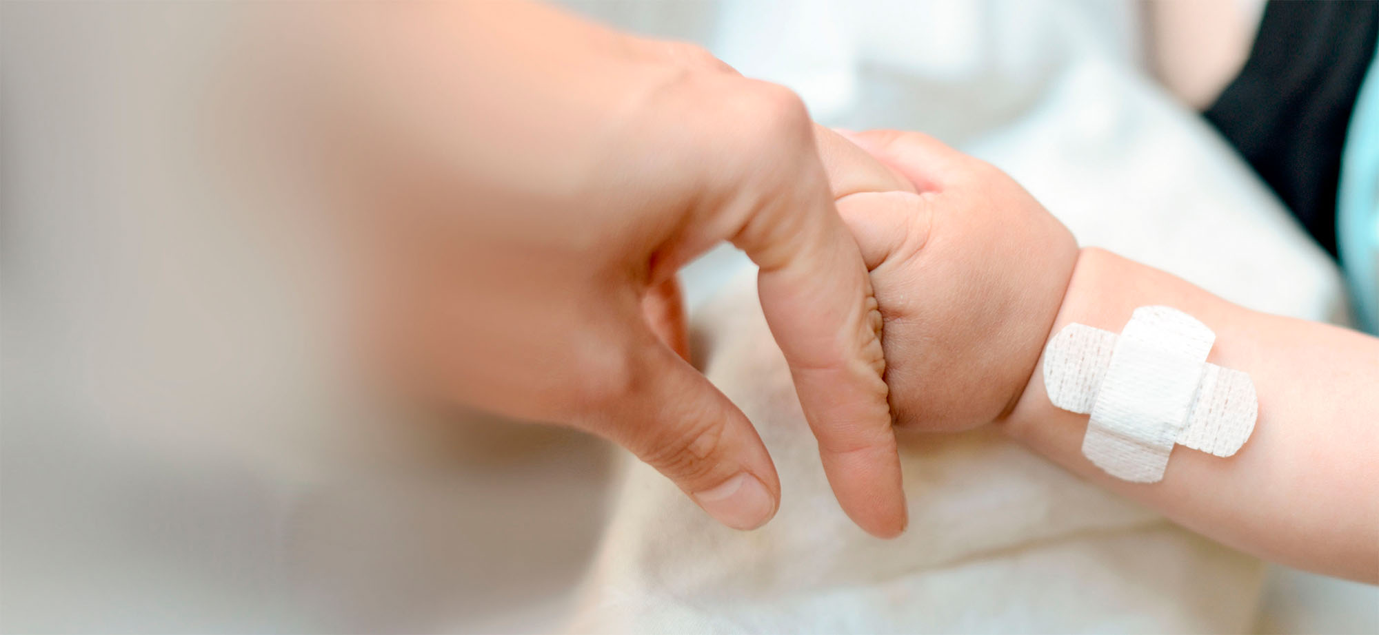 Babyhand mit Pflaster hält den Finger eines Erwachsenen