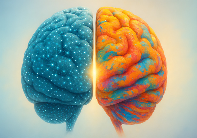 2 Gehirnhälften wobei eine nach KI aussieht. Licht scheint durch die Mitte.