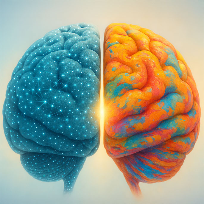 2 Gehirnhälften wobei eine nach KI aussieht. Licht scheint durch die Mitte.