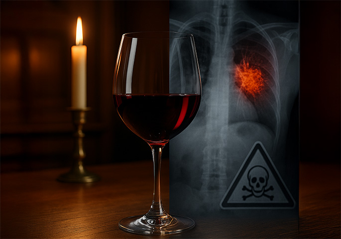 Ein Glas Rotwein vor Kerzenschein auf einem Tisch. Dazu ein Röntgenbild mit auffälligem Bereich der auf ein Karzinom hindeutet.