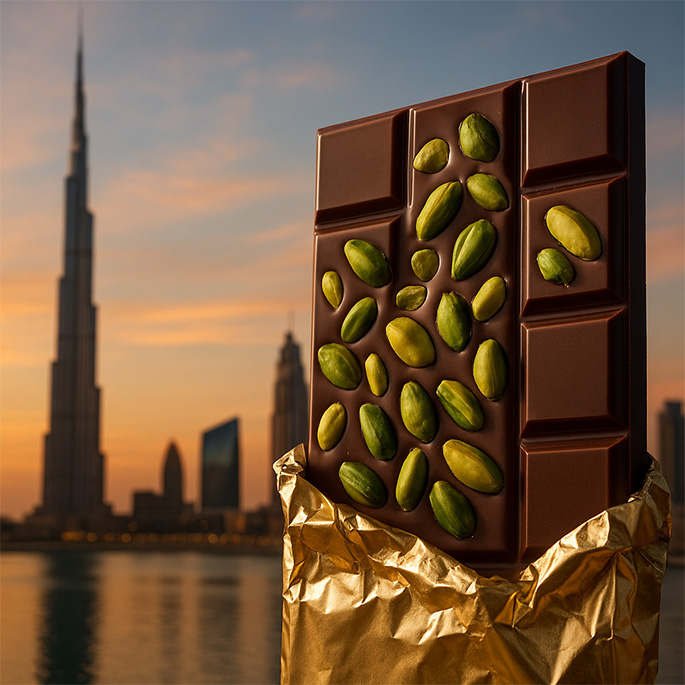 Eine Tafel Dubai-Schokolade mit Pistazien in Goldfolie vor einer Dubai-Skyline.