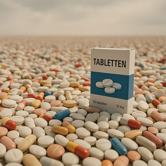 Wüste mit einem Boden aus Tabletten in der eine Schachtel mit Tabletten steht.