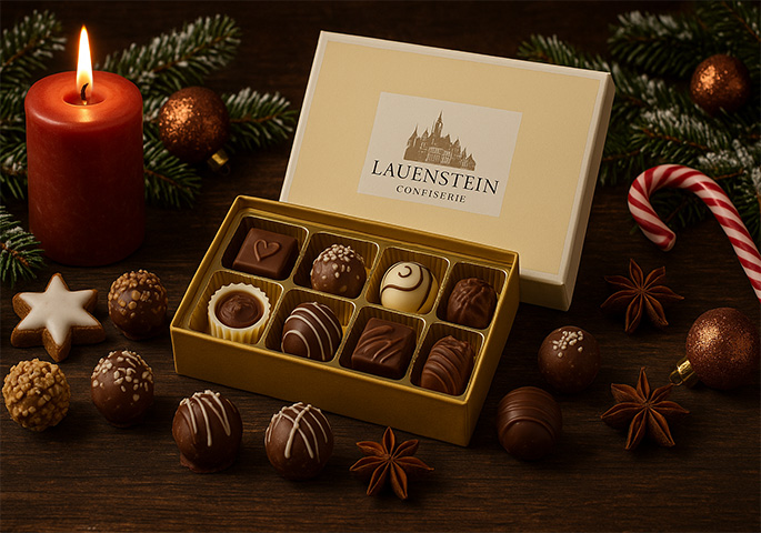 Schachtel mit Pralinen der Lauenstein Confiserie auf weihnachtlich dekoriertem Tisch mit Kerze.
